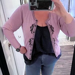 Norton McLaughlin lavender sweater cardigan with black embroidered detail